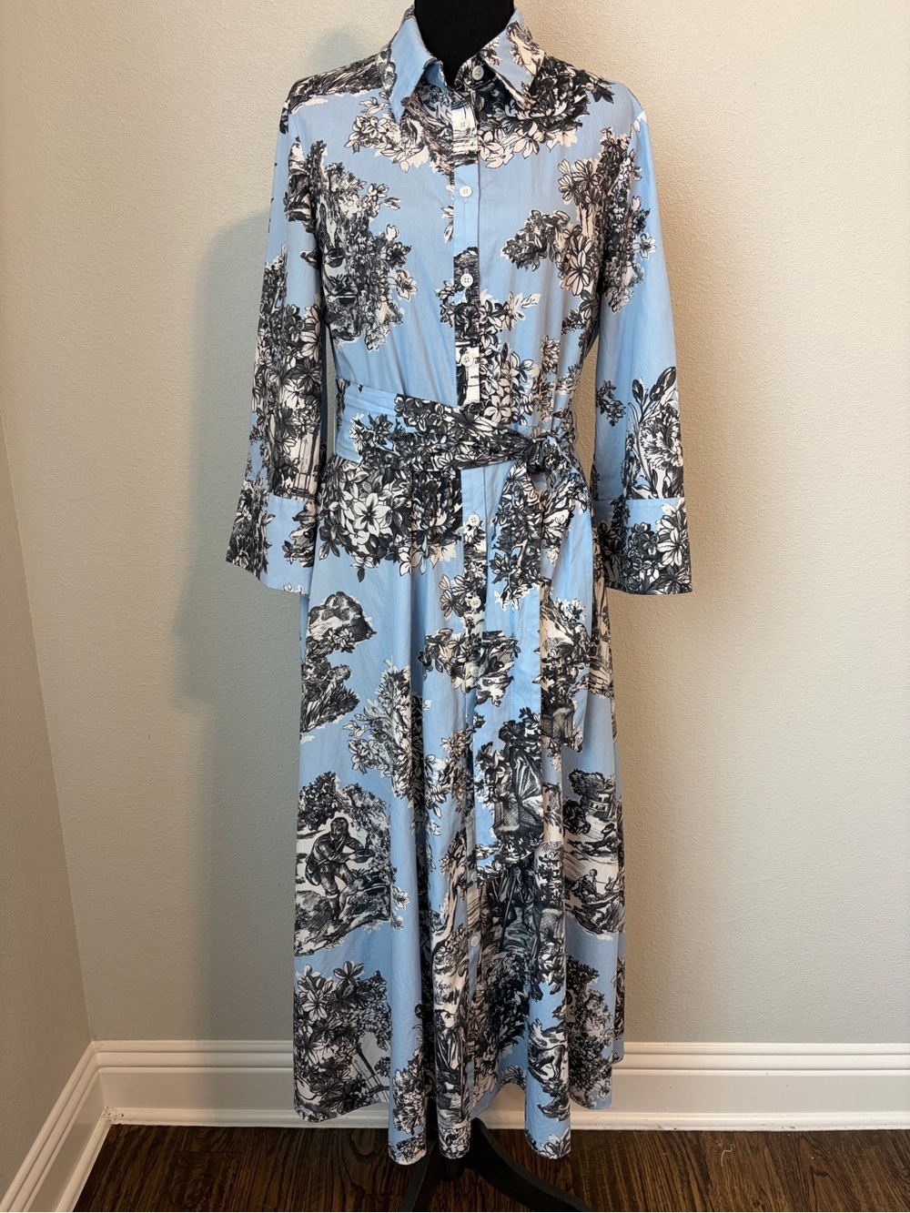 Zara Blue Toile Print Belted Cotton Dress Size M